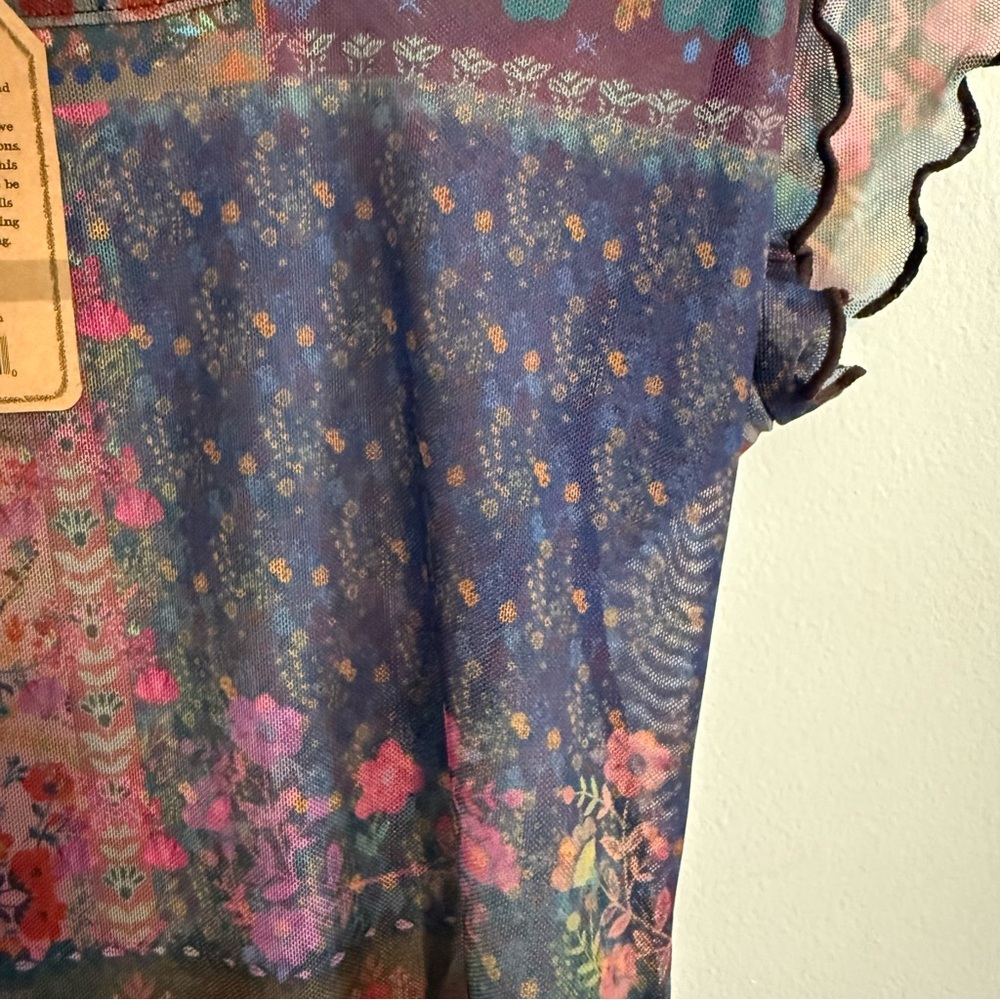 Natural Life Women Sheer Mesh Top Size M Square Neck Lettuce Hem Floral Boho NWT - Picture 7 of 7